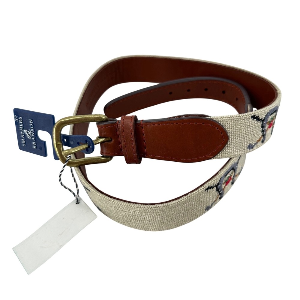 Smathers & Branson NWT Polo Needlepoint Belt Tan Leather Brass Buckle Size 32